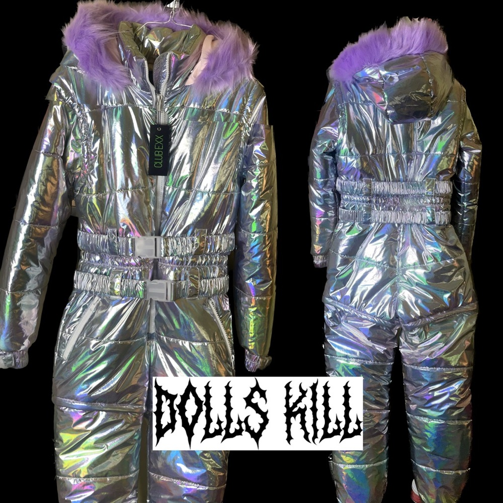 Dolls Kill Silver Iridescent Jacket with Purple Fur Trim